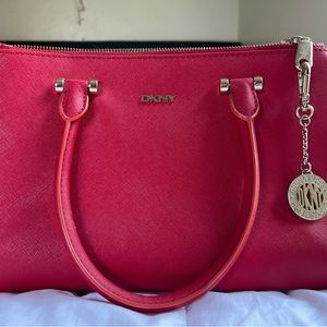 Dkny Purse Red Saffiano Leather Double Zip Tote